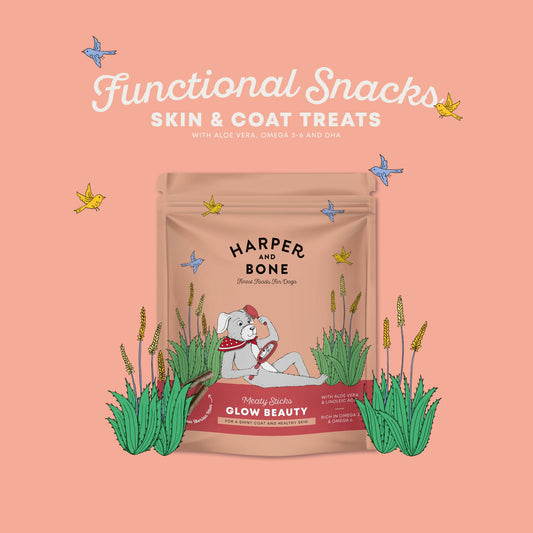 HARPER & BONE Glow Beauty Functional Snacks for Dogs – Natural Meaty Sticks with Aloe Vera & Linolenic Acid (75g) -25%