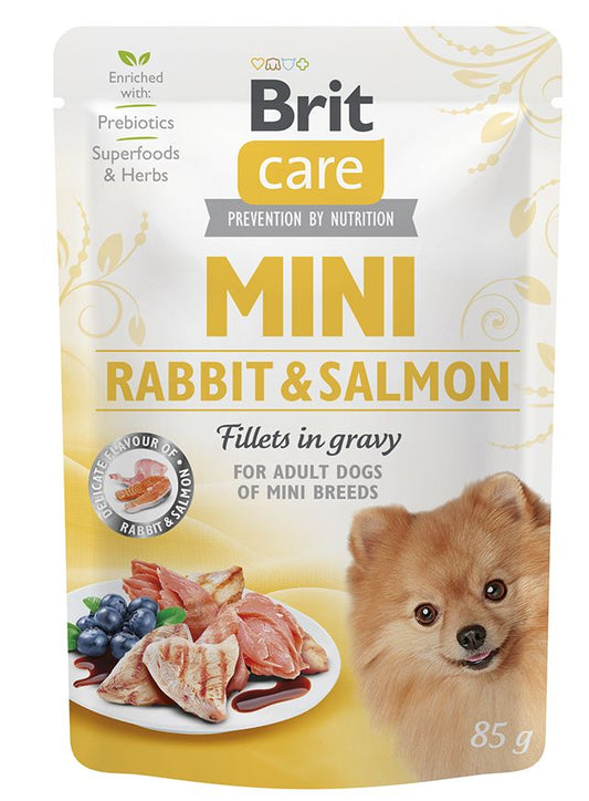Brit Care Mini Pouches, Filetes de Conejo y Salmón en Salsa 85g