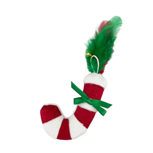BUBIMEX XMAS Candy Cane Cat Toy with Feathers and Bell (8cm)