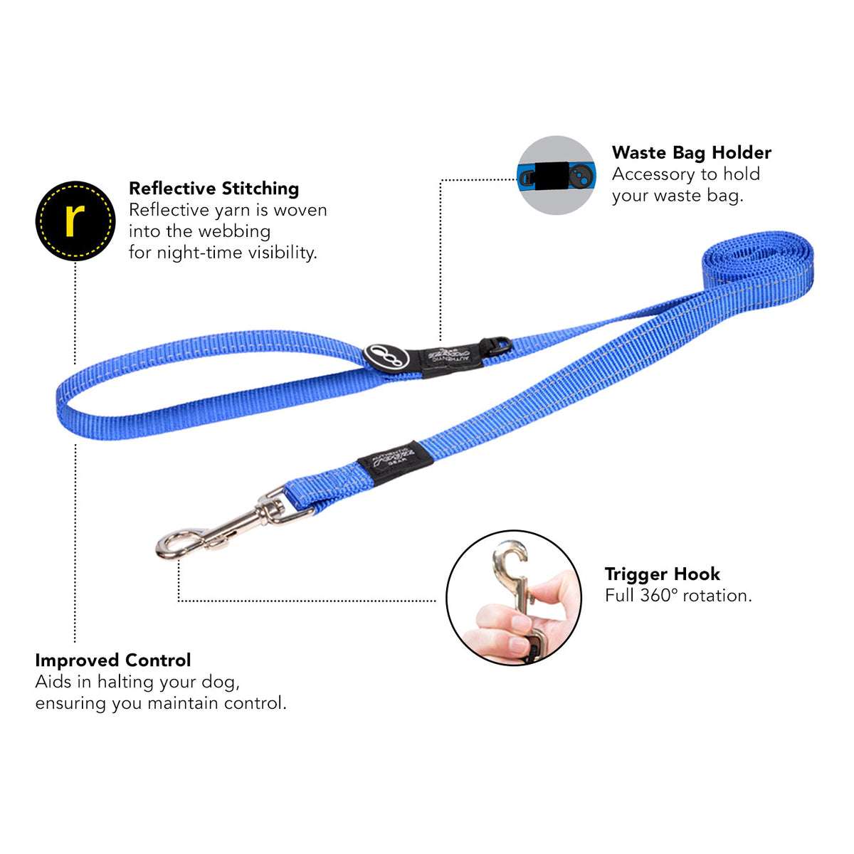 Rogz Utility Classic Lead – Durable Reflective Dog Leash with Waste Bag Holder